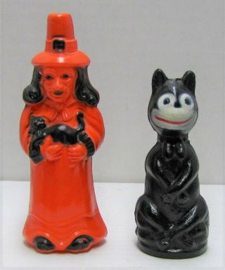 Vintage Orange Witch And Black Cat Plastic Salt And Pepper Shakers Halloween