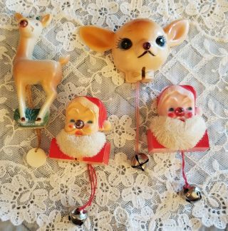 4 Vtg Christmas Hard Plastic Santa & Reindeer Pull String Light Up Nose Pins