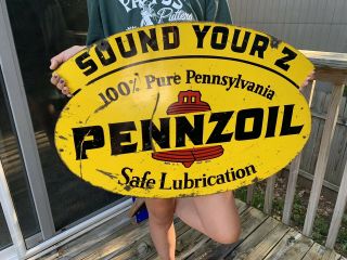 Vintage 1968 Pennzoil Motor Oil Gas Station 2 Sided 31 " Metal Sign