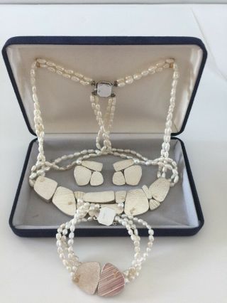 Vtg.  Sterling Silver & 14 K Solid Gold Natural Cultured Pearl Necklace Set