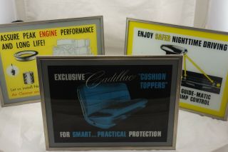 3 Vintage 1960s Cadillac Dealer Advertising Lighted Glass Sign Store Display