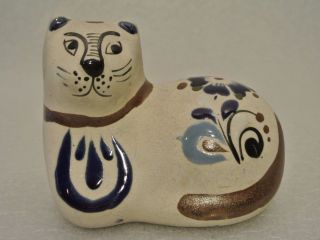 Vtg Mexico Hand Glazed Cat Painted Ceramic Pottery Kitten Art Signed Figurine