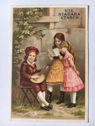 Vintage " Use Niagara Starch " Victorian Trade Card Boy With 2 Girls Outside