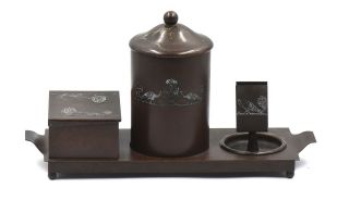 Heintz Arts Crafts Sterling Silver On Bronze Smokers Desk Caddy Set C1912 - 1930