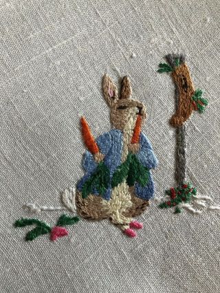 Very Sweet Vintage Peter Rabbit Hand Embroidered Cream Irish Linen Tablecloth