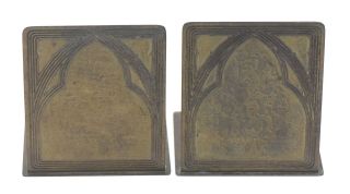 Two Rare Tiffany Studios Arts Crafts Bookends Textured Bronze Gothic Pair Signed