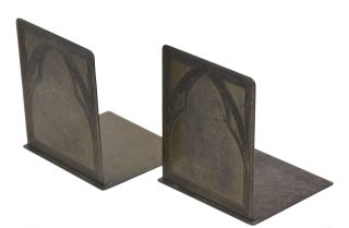 TWO RARE TIFFANY STUDIOS ARTS CRAFTS BOOKENDS TEXTURED BRONZE GOTHIC PAIR SIGNED 2