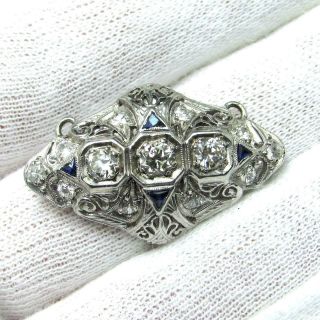 Vintage Art Deco 1 Ctw Diamond Sapphire 14k White Gold Filigree Necklace Pendant
