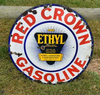 Vintage Porcelain Red Crown Ethyl Sign Gas Oil Gasoline Sign Dsp
