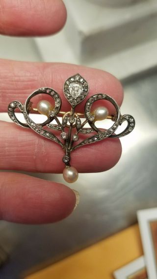 Antique Victorian Edwardian Old Mine Cut Diamond Pearl Brooch Pin Pendant