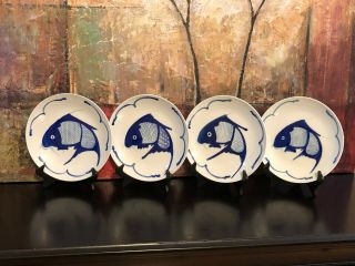 4 Vintage Carp Koi Cobalt Blue Fish Dinner Plates 10 " White Hand Painted Coupe