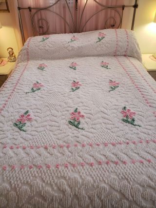 Vtg Chenille Bedspread Pink White Flowers Fringe Double,  Penney 