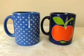 Two Vintage Waechtersbach Mugs.  Blue With Hearts,  Cobalt With Red Apple