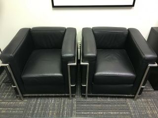 Modern Le Corbusier Style Lc2 Chairs (2) Black,  Chrome,  Italian Top - Grain Leather