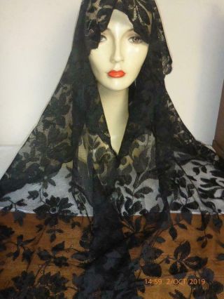 Stunning Long Antique Chantilly Black Lace Floral Flounce Stole/veil/shawl