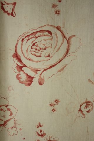 Floral Fabric Antique French Faded Cotton White Ground W/ Red Design C1920 Roses