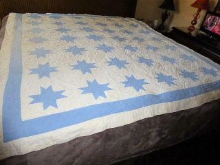 ANTIQUE EARLY 1900 ' S HANDMADE SAWTOOTH STAR BLUE & WHITE QUILT 3