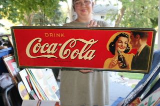 Rare Vintage 1942 Coca Cola Soda Pop Gas Station 34 " Metal Sign