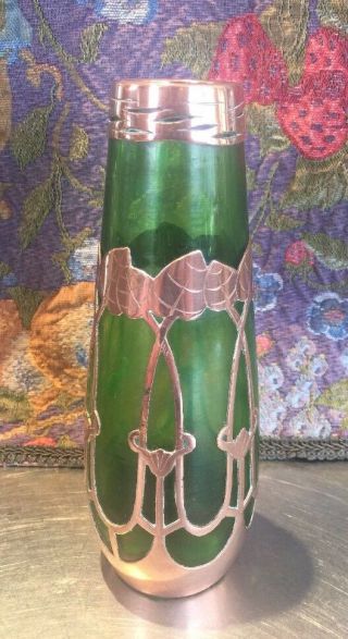 Art Nouveau Secessionist Green Glass Vase With Copper Overlay - Jugendstil