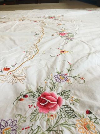 Gorgeous White Linen Tablecloth With Floral Embroidery,  68”x88”