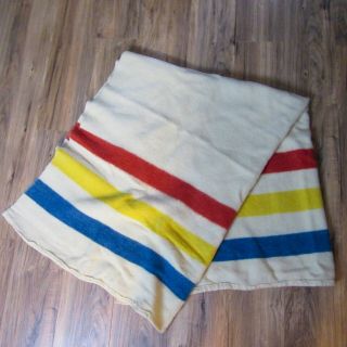 Unbranded Vtg 60 " X 70 " White Red Yellow Blue Stripe Wool Canadian Trade Blanket