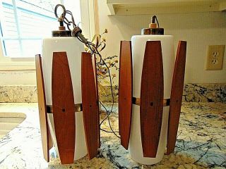 2 Vintage Mid Century Wood Slats Hanging Lamp Cylinder Light Fixture Atomic