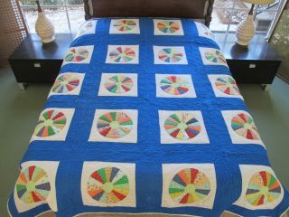 Vintage Hand Quilted Cotton Fabrics Applique Dresden Plate Quilt 87 " X 72 " Good