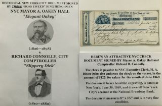 Boss Tweed Ring Ny Criminal Mayor Elegant Oakey Slippery Dick Document Signed