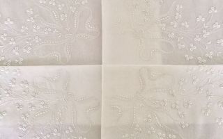 Vintage Stunning Irish Linen Hand Embroidered Tablecloth Fine Lace Bows & Clover