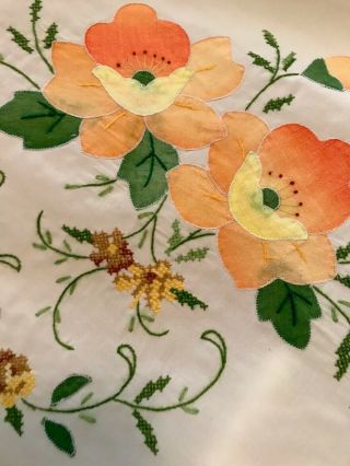 Vintage Hand Embroidered Appliqué Floral Tablecloth & Runner Set/2 Tan Orange