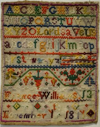 Small Late 19th Century Alphabet Sampler By Frances Williams November 7 - 1877