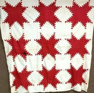 Americana Red C 1890 - 1900 Feathered Star Quilt Top Antique