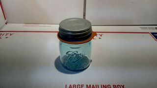 Vintage BALL perfect Mason 1/2 pint Canning Jar Blue 3 zinc lid 28 rubber seal 3