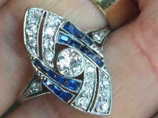 Antique Art Deco 14k Wg Diamond And Sapphire Navette Ring C1920 