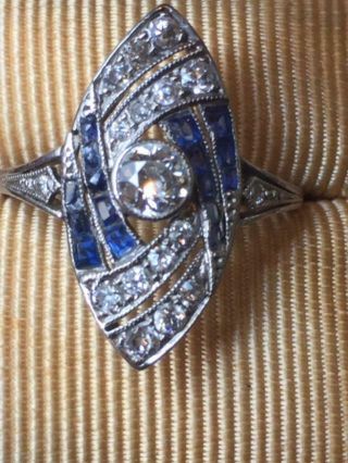 Antique Art Deco 14K WG Diamond and Sapphire Navette Ring c1920 ' s 2