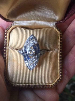 Antique Art Deco 14K WG Diamond and Sapphire Navette Ring c1920 ' s 3