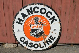 Barn Find Vintage Hancock Gasoline Double Sided Porcelain Sign Rare