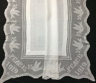 Stunning Large Antique Irish Linen Tablecloth Deep Lace Trim Peace 1919/doves