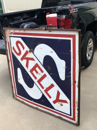 Double - Sided Porcelain Gas Station Sign Skelly Oil 48 " X48 " W/iron Frame