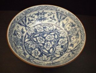 Vtg Asian Blue & White Floral Porcelain Bowl Brown Rim Footed 7 " Signed