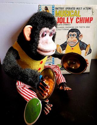 Vintage Tinplate Battery Op Musical Jolly Chimp Toy,  C - K,  Japan.  1950 