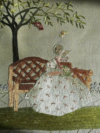 Vintage Silk Thread Embroidered ?1930s Crinoline Lady Garden Large Panel