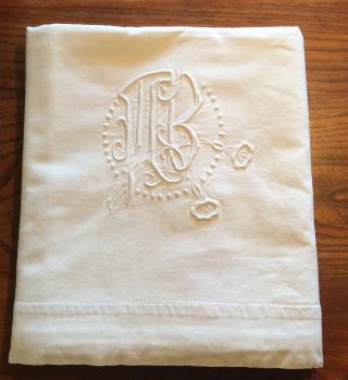 Large Antique Embroidered Linen Bed Sheet - Initaled M B