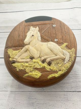 Vintage Ceramic Round Trinket Box With Lid Horse Barn Scene On Lid