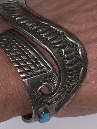 Vintage Navajo Bill Sterling Silver & Turquoise Heavy Bracelet Bangle - Signed -