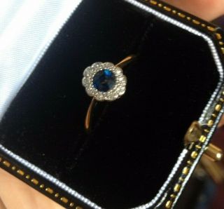 Antique 1920s Art Deco ? 18 Ct Gold Platinum Sapphire Diamond Halo Ring J 1/2