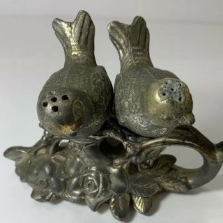 Vintage Silver Plate/pewter With 2 Birds On Rose Salt & Pepper Shakers