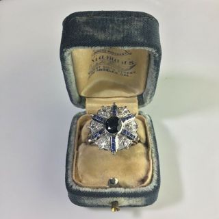 30‘s Vintage Antique Palladium 1.  30 Ct.  Sapphire 0.  70 Ct.  Diamond Starburst Ring