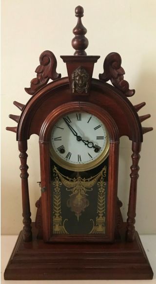 Vintage Art Deco Gong Chime Asian Eight Day Shelf Mantle Clock Great