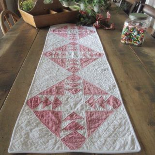 Antique Early C1880 Christmas Red & White Farmhouse Table Quilt Runner 40x13